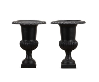 PAIR CAST IRON CAMPAGNA FORM GARDEN URNS