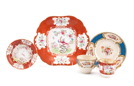 5PC ENGLISH IRON RED & BLUE PORCELAIN TABLEWARE