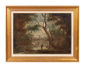 AMERICAN SCHOOL 'FISHERMAN BY LAKE' O/B