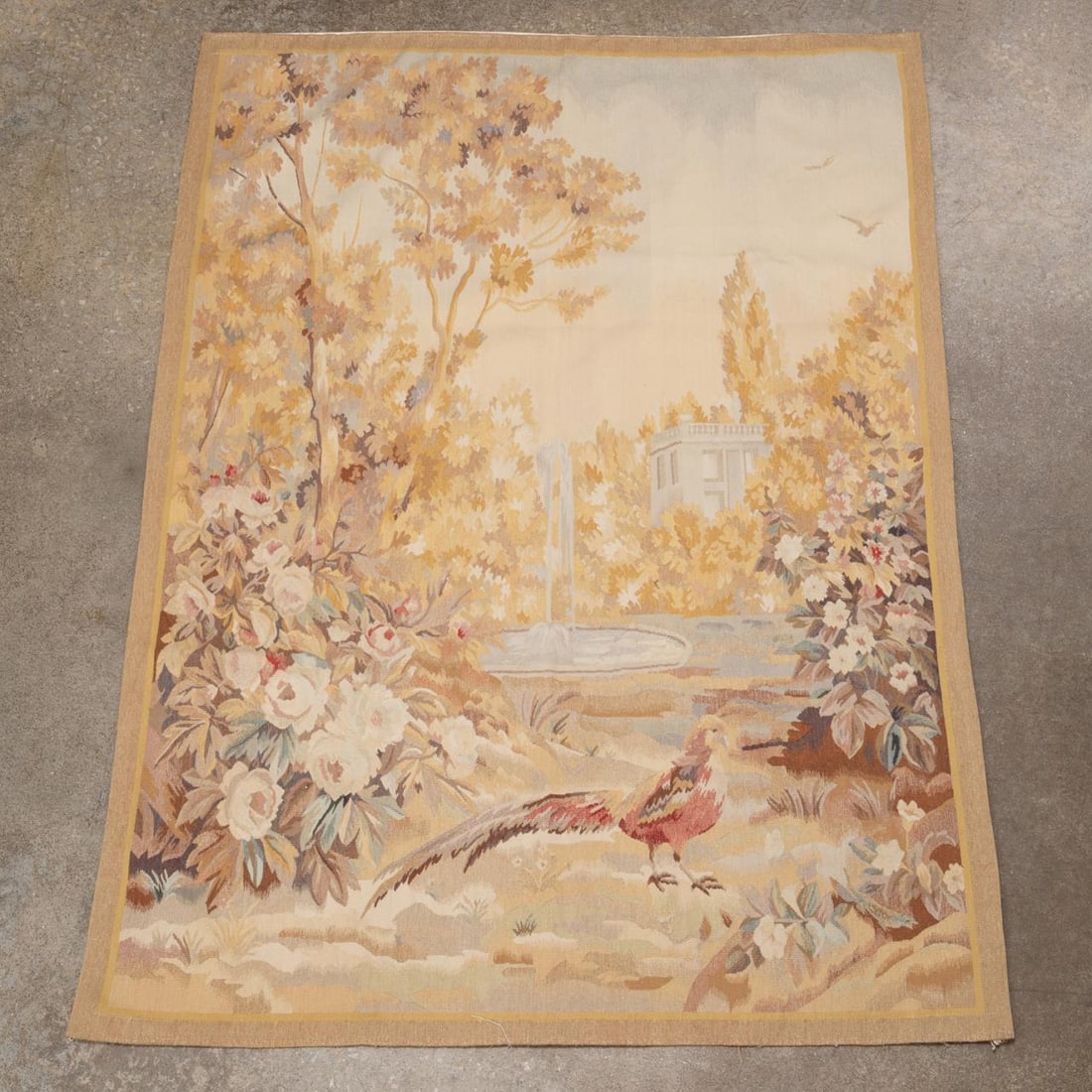 AUBUSSON WEAVE TAPESTRY WITH PHEASANT: Aubusson weave tapestry depicting a classical scene with pheasant. Approximate dimensions: 4' x 5' 8"
