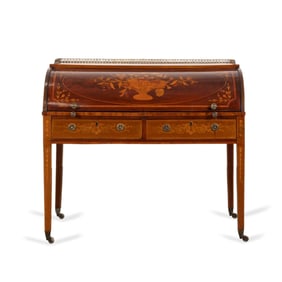 ENGLISH PARQUETRY INLAID MAHOGANY CYLINDER DESK