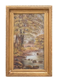 L. 19TH CENT. H. RYDE OIL LANDSCAPE WITH BRIDGE