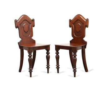 PAIR GOTHIC REVIVAL MAHOGANY HALL CHAIRS, 19TH C.