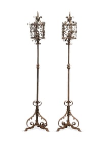 PAIR WROUGHT IRON FLORAL LANTERN FLOOR TORCHIERES