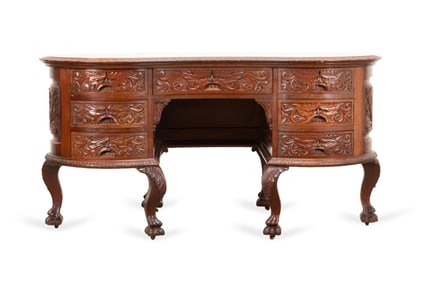 R.J. HORNER STYLE MAHOGANY KIDNEY DESK, C. 1900