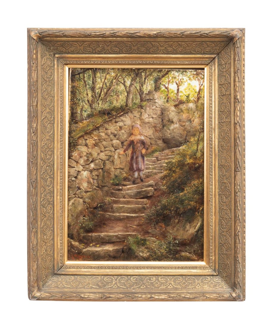 R.T. MINSHULL, LANDSCAPE W/ CHILD ON STAIRS, O/C (1 of 7)