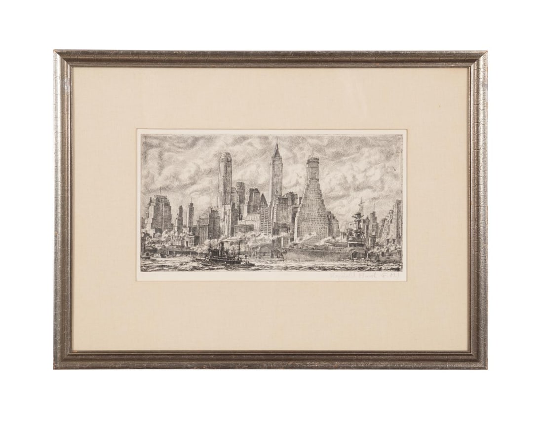 REGINALD MARSH, 'SKYLINE FROM PIER 10...' ETCHING: Reginald Marsh (American / New York 1898-1954). 'Skyline from Pier 10, Brooklyn' - 1931/1971, etching on paper, signed and dated in plate, pencil signed 'Reginald Marsh' and initialed by the artists w
