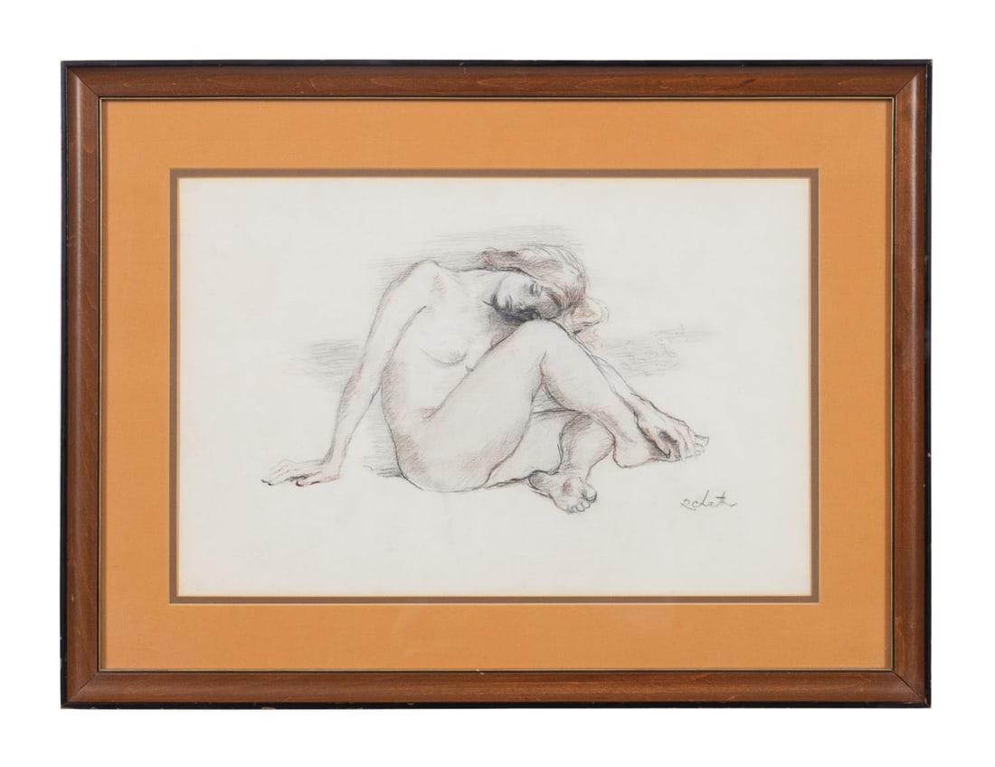 ROMAN CHATOV, SKETCH OF NUDE WOMAN ON PAPER: Roman Chatov (American / Georgia 1900-1987). Untitled - Seated Nude Woman, pencil, charcoal, and mixed media on paper, pencil signed to LR. Framed. Approximate dimensions: sight h. 11.5", w. 17.25"; f