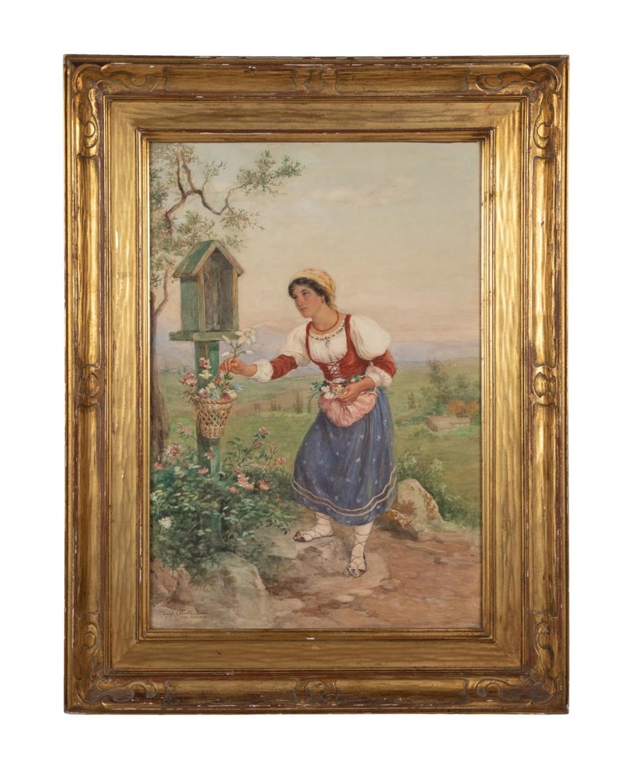 LUIGI OLIVETTI, 'AT THE SHRINE' FIGURAL WATERCOLOR: Luigi Olivetti (Italian 1856-1941). "At the Shrine", watercolor on paper, signed and inscribed 'Villa Adriona' to LL, gallery label to verso from Wunderly Brothers. Framed. Approximate dimensions: sig