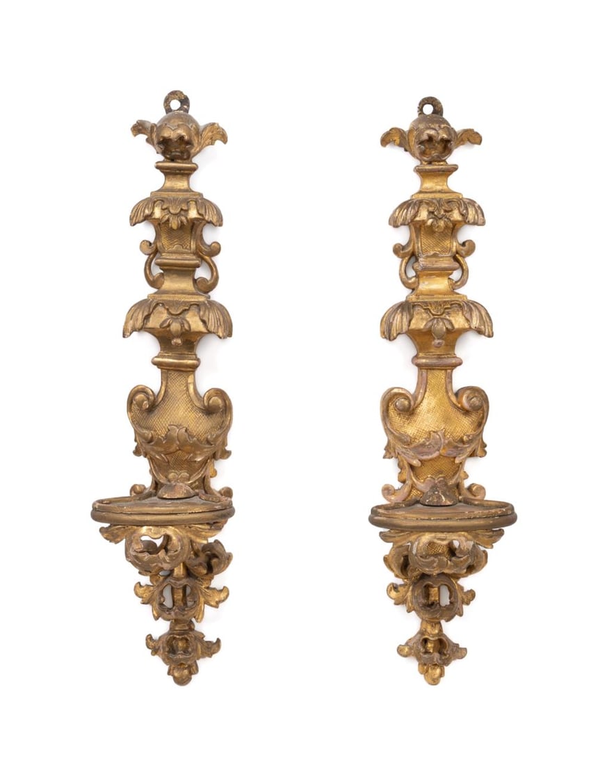 PAIR, 19TH C. ELONGATED GILTWOOD WALL SHELVES (1 of 4)