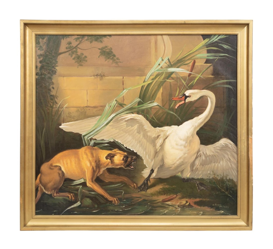 AFTER JEAN-BAPTISTE OUDRY 'SWAN ATTACKED BY A DOG': After Jean-Baptiste Oudry (French 1686-1755). 'Swan Attacked by a Dog', oil on canvas, inscribed 'de Navarre after Oudry' to LR. Note: Original in North Carolina Museum of Art collection. Approximate