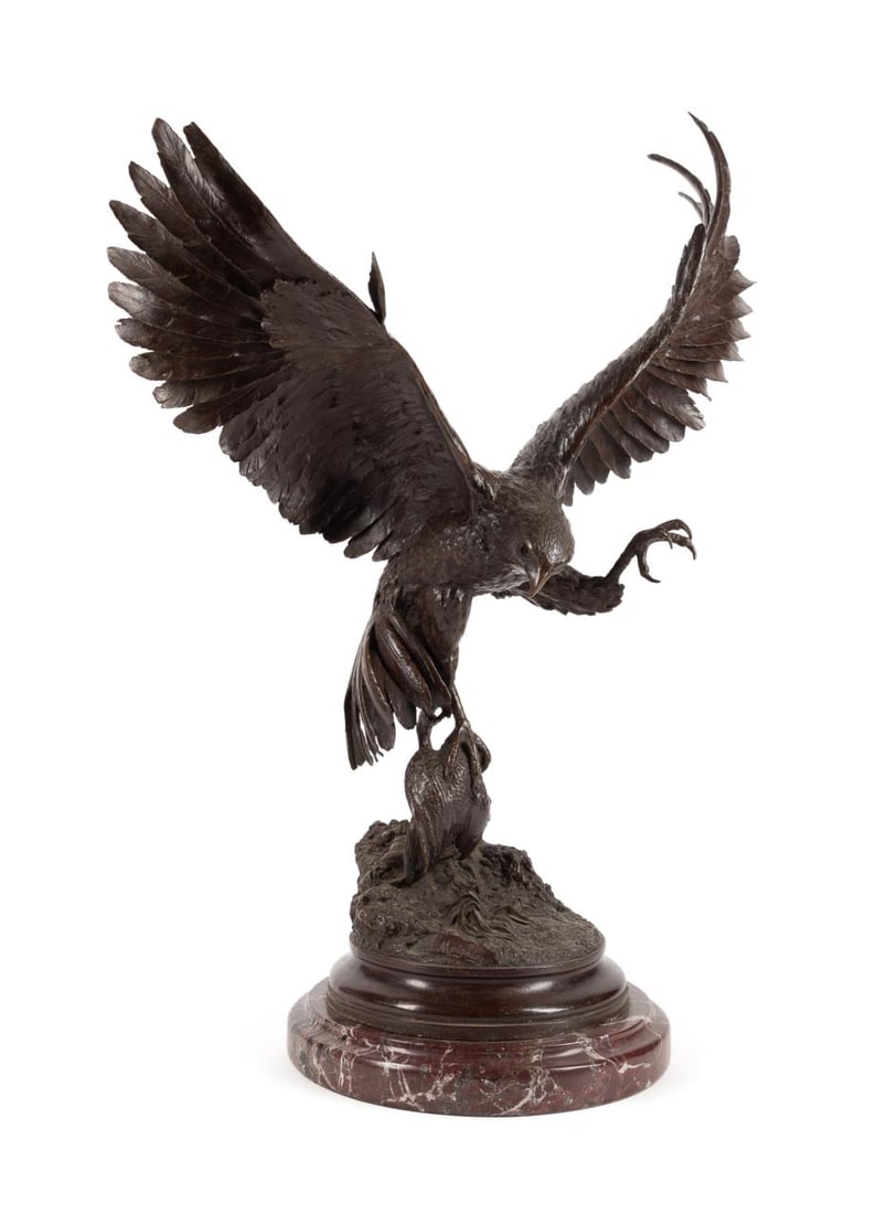ANTIQUE HAWK BRONZE ON MARBLE BASE, SIGNED (1 of 8)