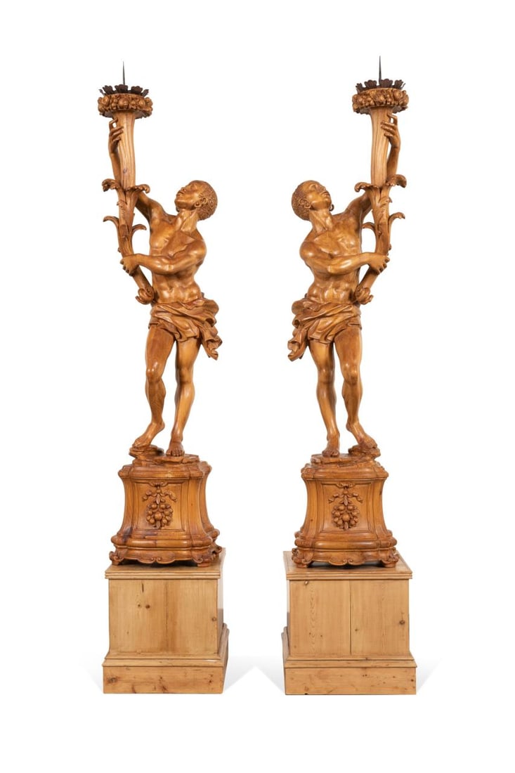 PAIR ITALIAN PINE BLACKAMOOR FIGURES ON PEDESTALS (1 of 8)