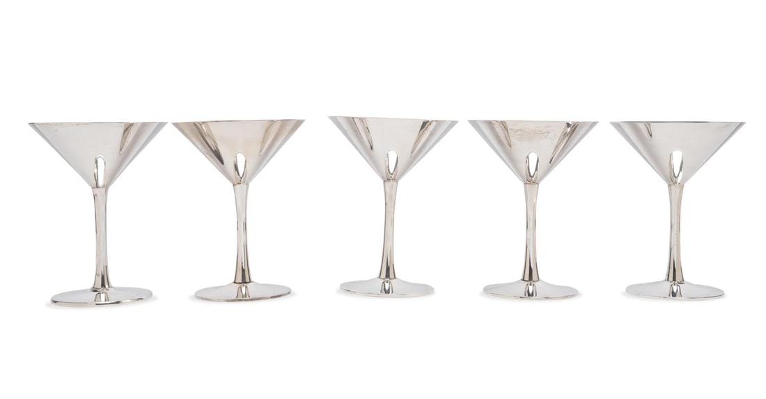 FIVE SHREVE, CRUMP & LOW STERLING MARTINI GLASSES: Set of five Shreve, Crump and Low (American 1869), sterling silver martini glasses, four pattern 6703 and one pattern 400, all marked appropriately. Approximate dimensions: h. 5.5", dia. 4.25"; total 