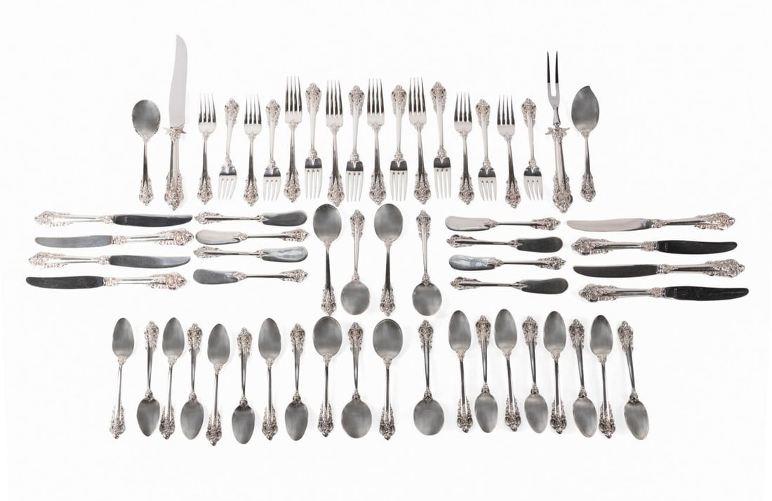 60PC WALLACE 'GRAND BAROQUE' STERLING FLATWARE: Wallace Silversmiths Inc. (American 1871). 60 piece "Grand Baroque" (pattern introduced 1941) sterling silver flatware service comprising, 8 forks (7.5"), 8 salad forks (6.625"), 8 cream soup spoons (