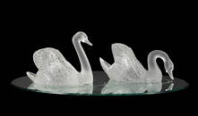 PAIR OF LARGE LALIQUE SWANS ON MIRROR BASE