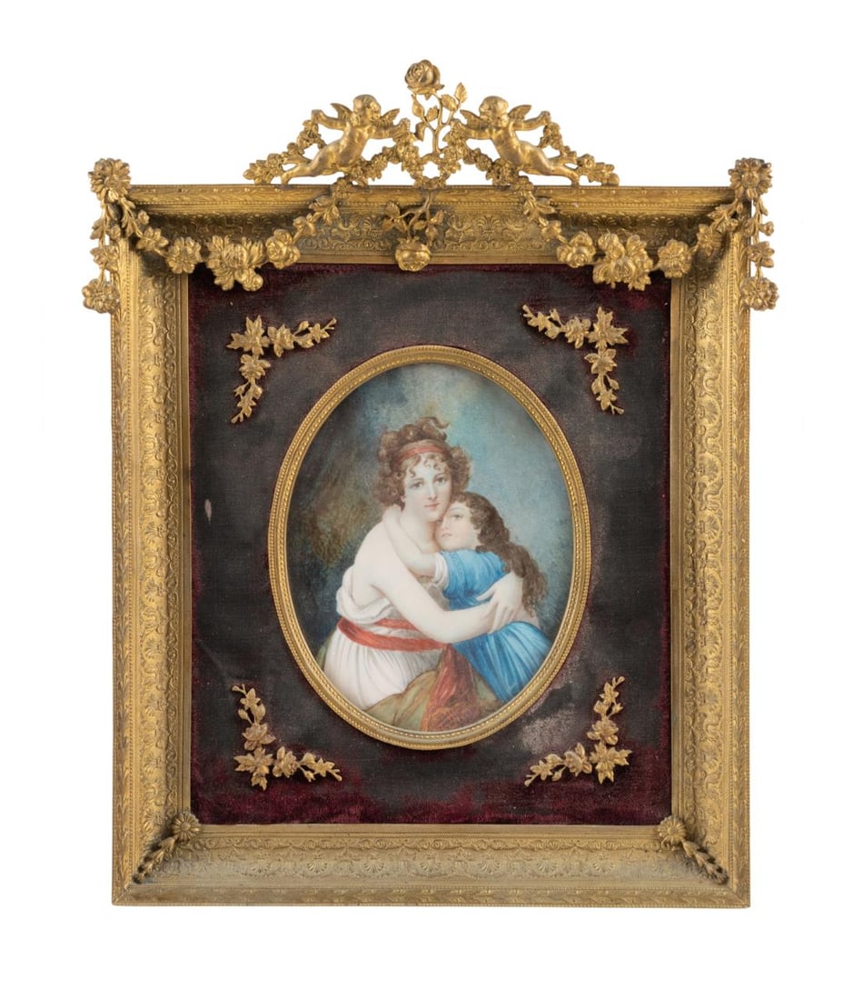 AFTER ELISABETH VIGEE LE BRUN, MINIATURE PORTRAIT: After Elisabeth Vigee Le Brun, French School, 'Self-Portrait With Her Daughter, Julie', late 19th century, oil on bone, three-quarter length portrait depicting the artist with her daughter, apparently