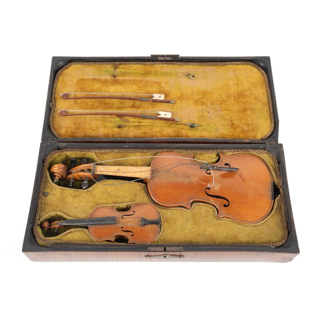 CASED SET OF TWO HANS FILIPP MINIATURE VIOLINS: Cased Set of 2 miniature19th century violins in a custom fit interior walnut veneered locking box covered in a green velvet material and roping with the larger of the two instruments containing a inte