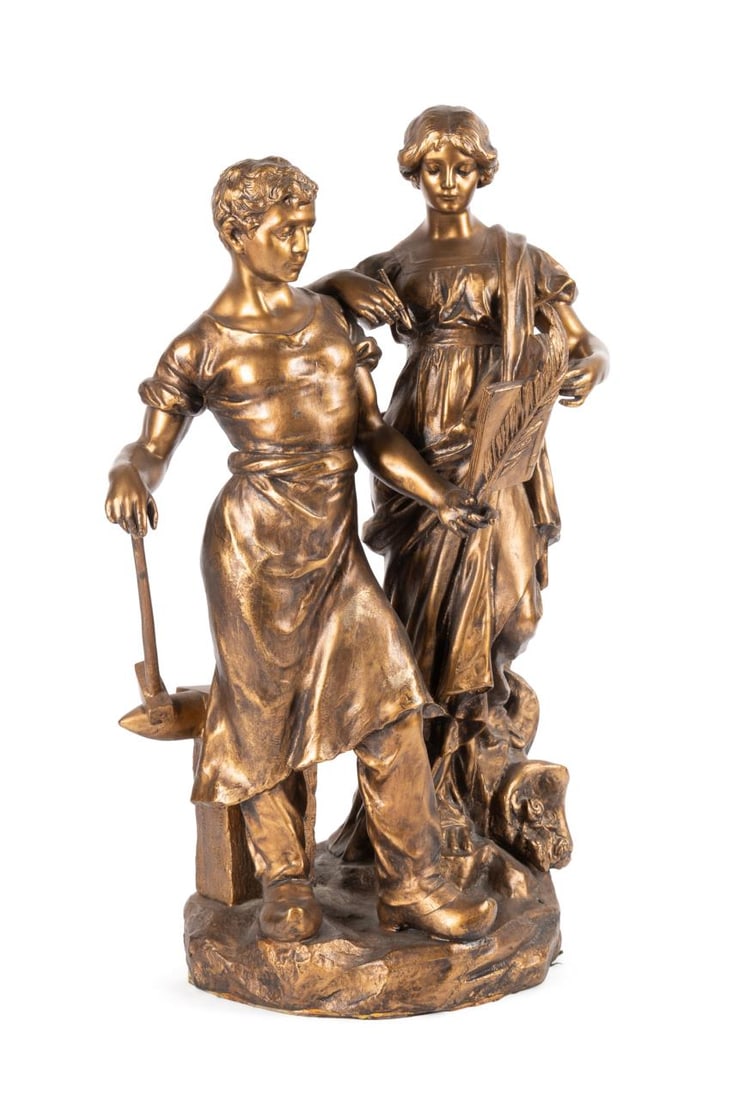 AFTER J. CAUSSE, INDUSTRY & EDUCATION, SPELTER: After Julien Causse (French 1869- 1914). Untitled - Figural Group, undated, gold finished cast spelter, signed 'J. Causse' LR. Approximate dimensions: h. 23", w. 16", d. 10".