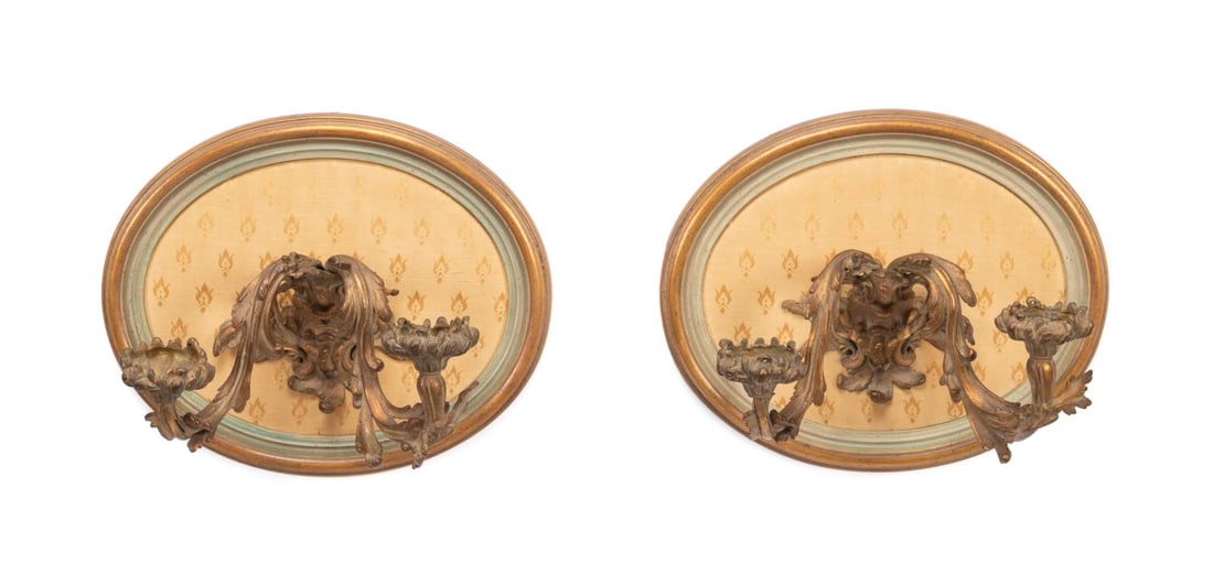 PAIR LOUIS XV STYLE BRONZE SCONCES ON OVAL PLAQUES (1 of 4)