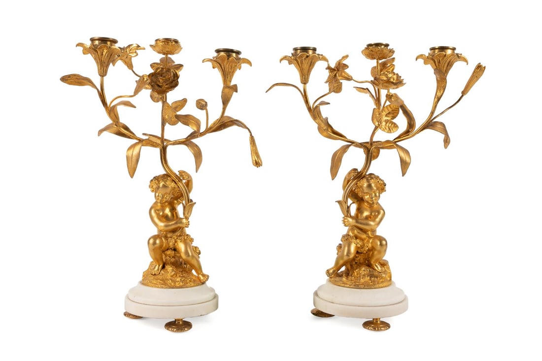 PAIR LOUIS XV STYLE GILT BRONZE PUTTI CANDELABRA (1 of 11)
