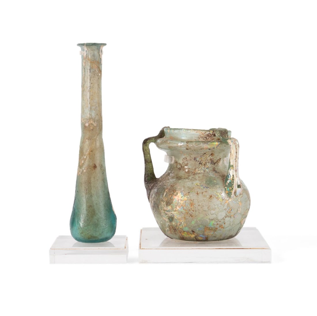 TWO ANCIENT ROMAN IRIDESCENT GLASS VESSELS (1 of 7)