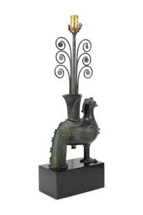 ATTRIBUTED BILLY HAINES ARCHAIC ROOSTER FORM LAMP: Attributed to William (Billy) Haines (American 1900-1973), table lamp, circa 1950, in the form of a patinated metal Chinese Archaic 'heavenly rooster vessel', on a black base, apparently unmarked. Not
