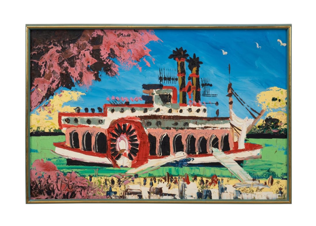 P.B. HENRIE ROBERT LEE RIVERBOAT SCENE O/C: Paul Blaine Henrie (American 1932-1999). 'The Robert Lee Before the Race'- mid 20th century, oil on canvas, signed and titled to verso. Framed. Approximate dimensions: canvas h. 24", w. 36"; frame h.