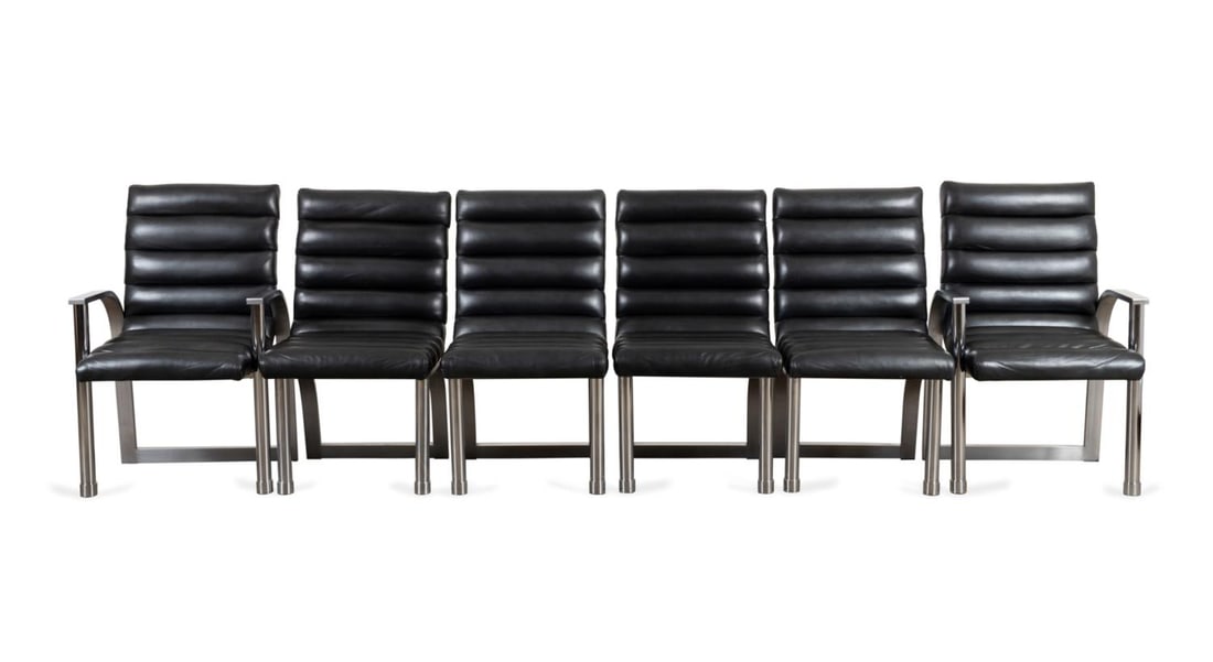 SIX JAY SPECTRE FOR CENTURY 'ECLIPSE' CHAIRS: Century Furniture (American, founded 1947). Six Jay Spectre (American 1929-1992) 'Eclipse' chairs, comprising two armchairs and four side chairs, each having black leather upholstery and stainless ste