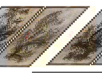 TWO PHILIP AND KELVIN LAVERNE CHINOISERIE PLAQUES: Set of two Philip LaVerne (American 1907-1987) and Kelvin LaVerne (American b. 1937) figural bronze and pewter chinoiserie plaques from the Chinoi(s) series, second half 20th century, 'Bird of Paradis