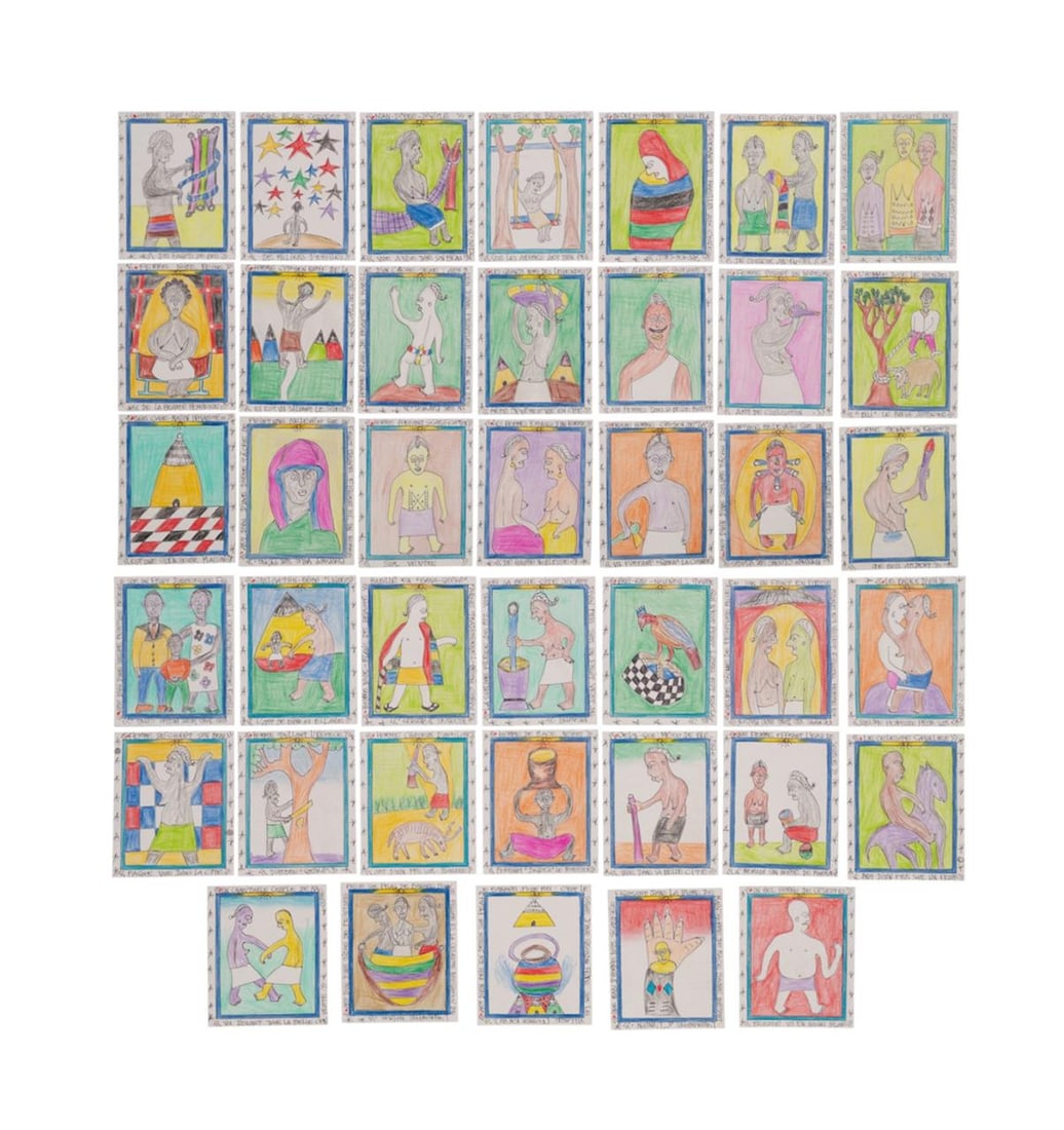 FREDERIC BRULY BOUABRE UNTITLED 40PC MM ON CARDS: Frederic Bruly Bouabre (Cote D'Ivoire / French 1921-2014). Untitled - 40 piece group of figural and non-figural cards, mixed media on card stock, each tilted in ink around margins on front, each dated