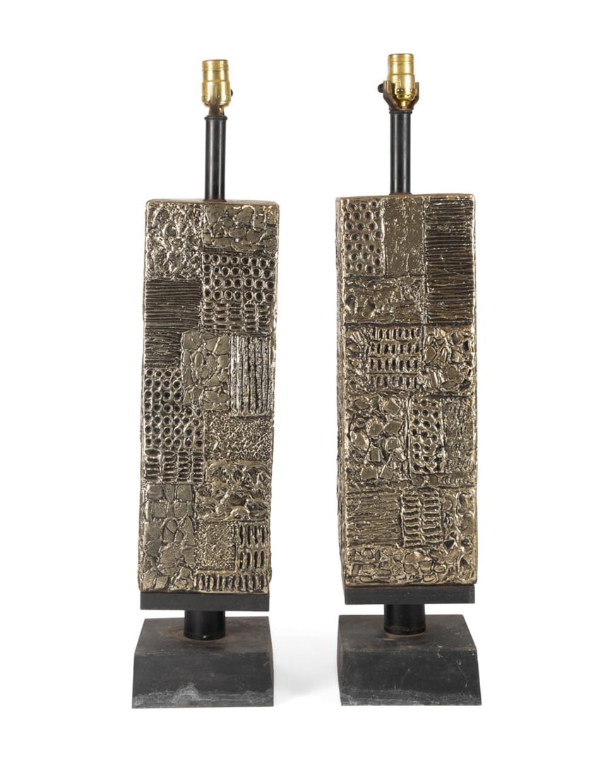 PAIR PAUL EVANS STYLE BRUTALIST LAMPS WITH SHADES (1 of 6)