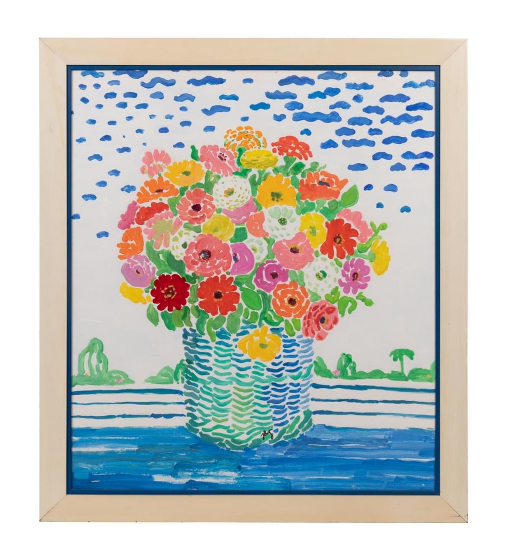 JOHN BOTZ, FLORAL STILL LIFE IN BASKET, SIGNED: John Botz (American 20th Century), untitled, acrylic on paperboard, depicting a brightly colored vase with flowers, signed to lower center, framed. Approximate dimensions: paperboard h. 47", w .40"; f