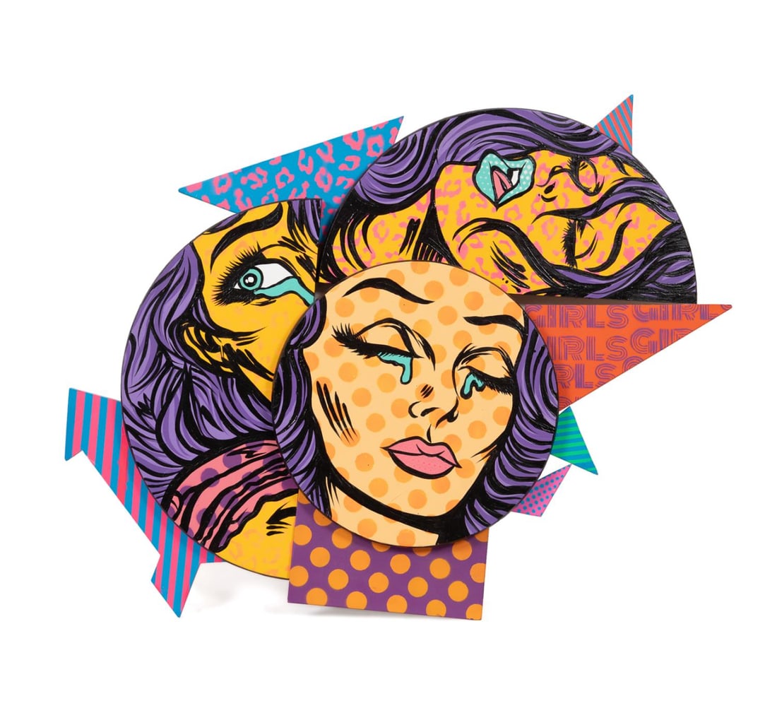 CHRIS HOBE, 'GIRLS' LAYERED GEOMETRIC A/B 2017: Chris Hobe (American / Georgia 20th century). 'Girls' - 2017, acrylic and mixed media on geometric shaped wood boards, cipher and dated to verso. Unframed. Approximate dimensions: overall h. 32.75", 4