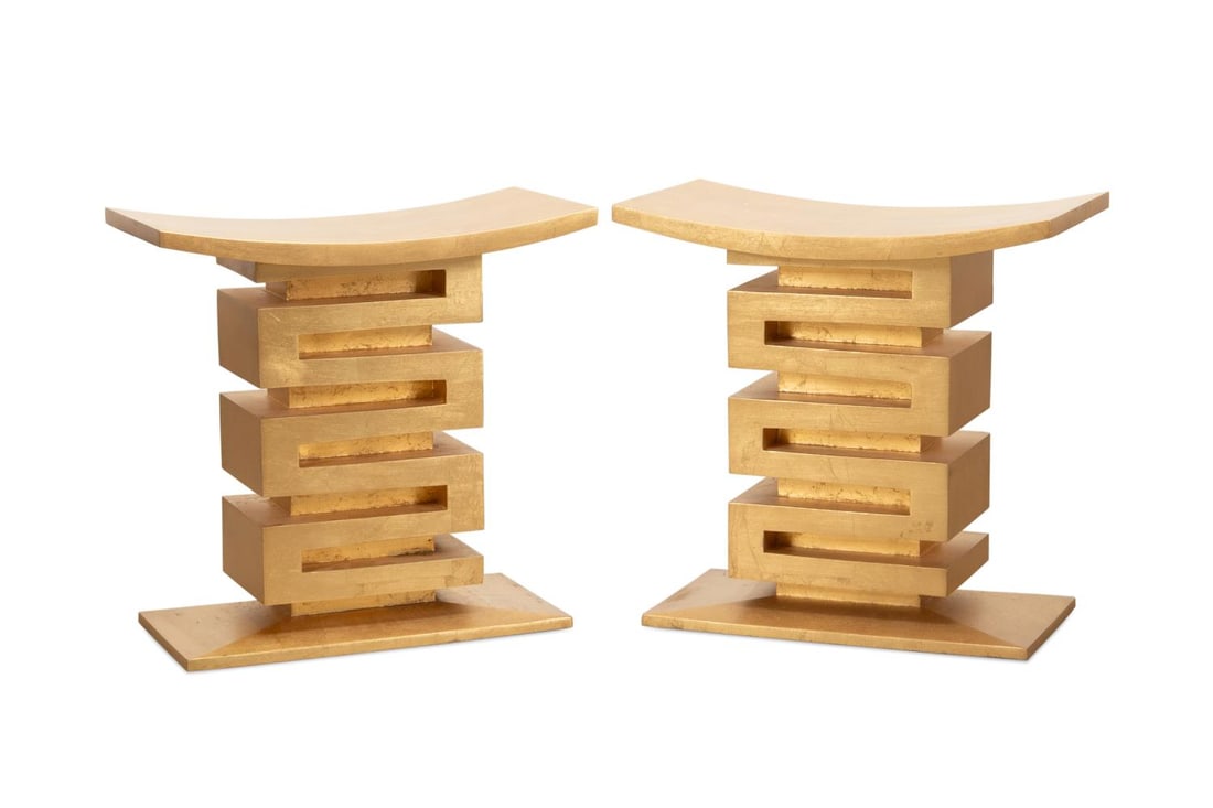 PAIR THOMAS PHEASANT FOR BAKER THASSOS STOOLS: Pair Thomas Pheasant (American b. 1955) for Baker Furniture 'Thassos' resin tools, each having a gold leaf finish, curved saddle rest, and meandering body on plinth base, apparently unmarked. Approxim