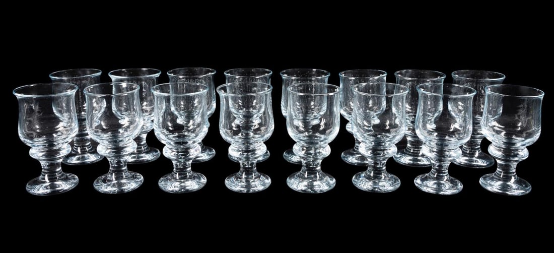 16 HOLMEGAARD GLASS 'TIVOLI COPENHAGEN' GOBLETS: Set of 16 Holmegaard Glass (Danish 1825) 'Tivoli Copenhagen' colorless glass beer or water goblets, apparently unmarked. Approximate dimensions: h. 6.25", dia. 3.5".