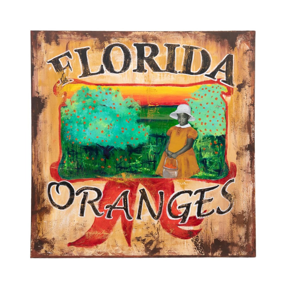 CEDRIC SMITH 'FLORIDA ORANGES' FIGURAL MM/C 2005: Cedric Smith (American / Georgia b. 1970). 'Florida Oranges' - 2005, oil and mixed media on canvas, signed, titled, and dated to verso. Unframed. Approximate dimensions: h. 48", w. 48", d. 1.5".