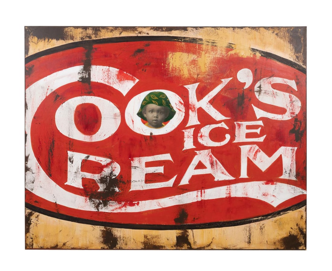 CEDRIC SMITH 'COOK'S ICE-CREAM' MM/C 2005: Cedric Smith (American / Georgia b. 1970). 'Cook's Ice-Cream' - 2005, oil and mixed media on canvas, signed, titled, and dated to verso. Unframed. Approximate dimensions: canvas h. 48", w. 60", d. 1.5