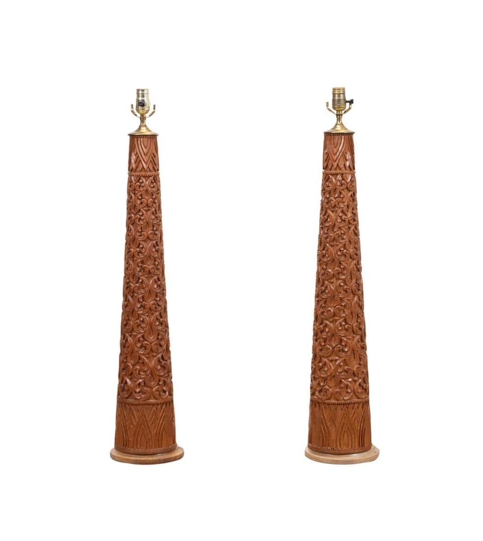 PAIR SE ASIAN HIGHLY CARVED TEAK TABLE LAMPS (1 of 8)