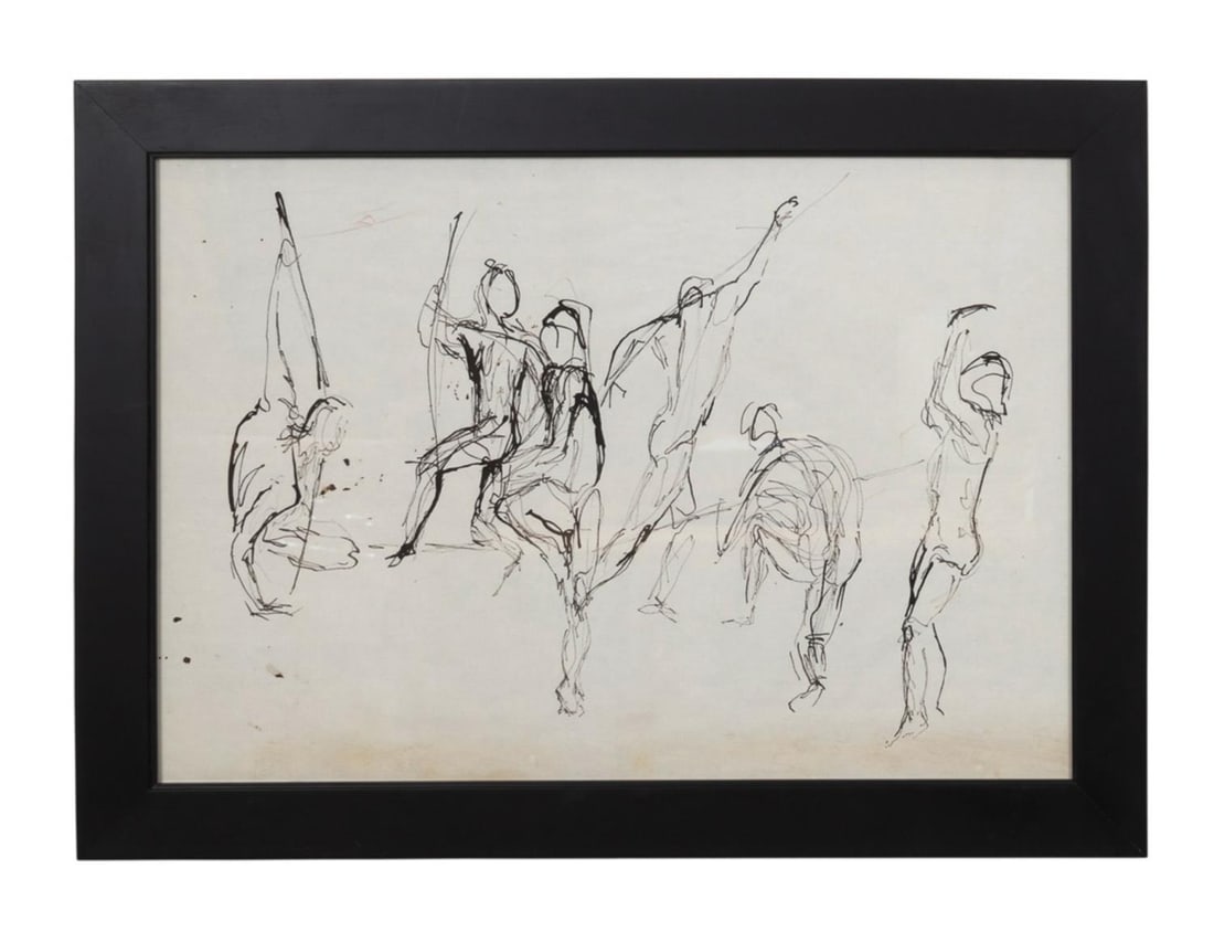 TODD MURPHY, FIGURES IN MOTION INK SKETCH: Todd Murphy (American 1962-2020). Untitled - Figures in Motion, ink on paper, apparently unsigned. Framed. Provenance: From the Private Collection of Greyson Sidorski, Atlanta, Georgia; acquired from