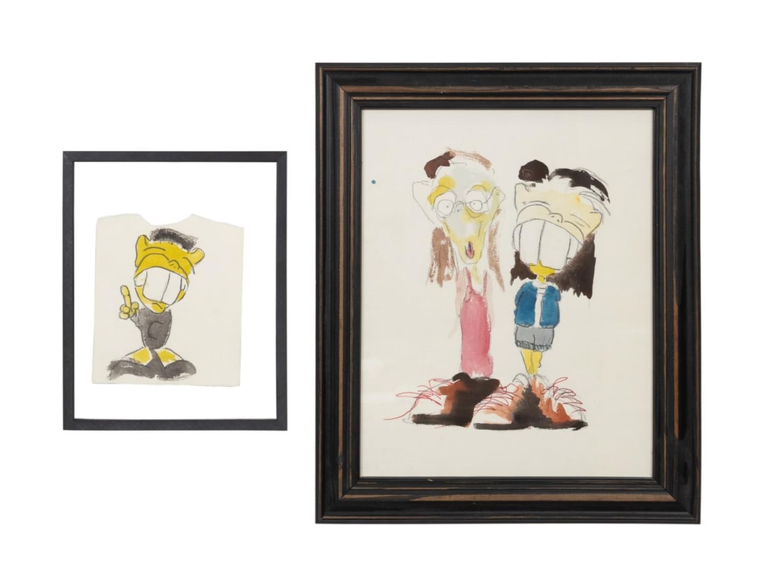 TODD MURPHY, TWO CARTOON FIGURAL SKETCHES, MM/P: Todd Murphy (American 1962-2020). Untitled - Cartoonish Figure, mixed media on paper, apparently unsigned. Untitled - Cartoon Couple, mixed media on paper, apparently unsigned. Framed. Provenance: Fro