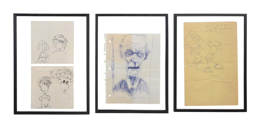 TODD MURPHY, 3 FIGURAL SKETCHES, PEN ON PAPER: Todd Murphy (American 1962-2020). Untitled - Figural Cartoon Sketches, ink on a napkin, apparently unsigned. 'Gracie Todd Loves' - Figural Sketch, pen on notebook paper, apparently unsigned. Untitled