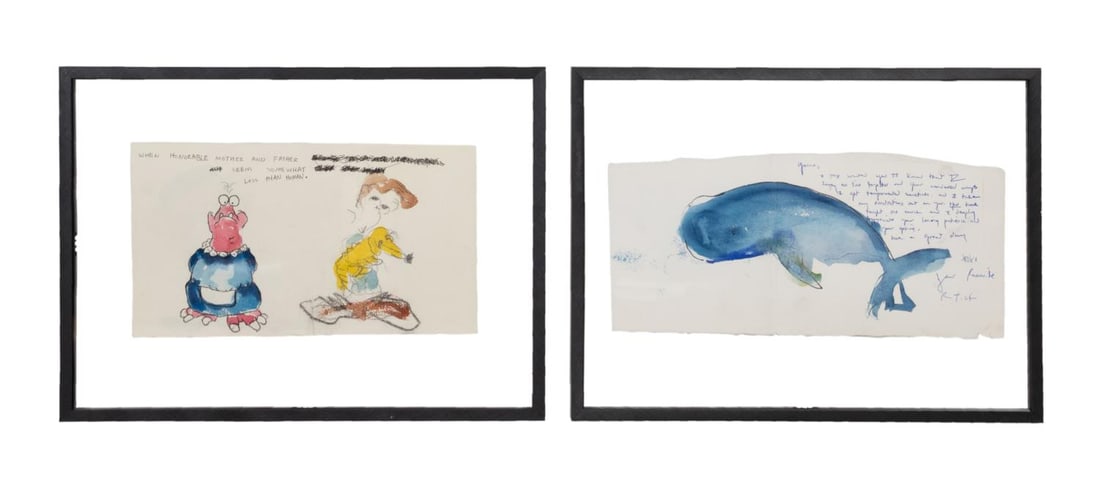 TODD MURPHY, WHALE & FIGURAL SKETCHES, INSCRIBED: Todd Murphy (American 1962-2020). Untitled - Sketch of a Whale, watercolor and ink on paper, inscribed to right side, signed 'R-Tist'. Untitled - Cartoon Creature Sketch, watercolor and ink on paper,