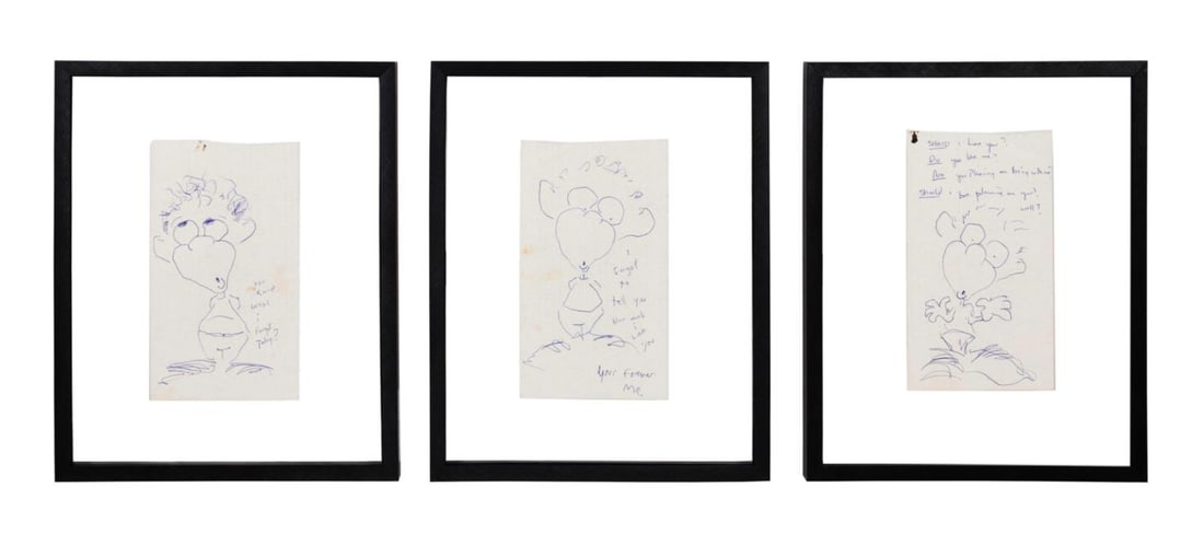 THREE SMALL TODD MURPHY CARTOON SKETCHES, FRAMED: Todd Murphy (American 1962-2020). Three Untitled - Cartoon Figural Sketches, pen/ink on paper, three inscribed, one signed 'Love MP' to LR. Framed. Provenance: From the Private Collection of Greyson S