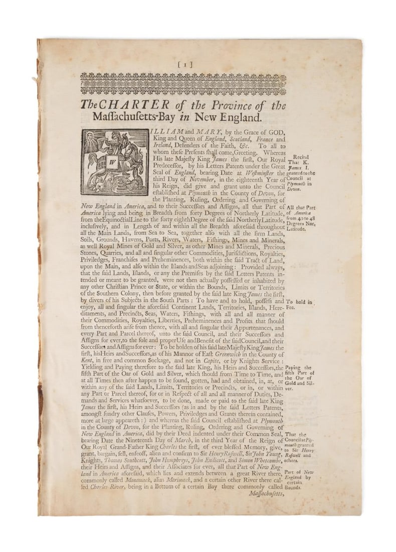 EXPLANATORY CHARTER OF MASSACHUSETTS BAY, 1726: Titled, 'The Charter of the Province of the Massachusetts-Bay in New England', 1726/27, 14pp. Boston: B. Green ? for Benjamin Eliot ?, 1726. A fine copy of this early and important example from the ea