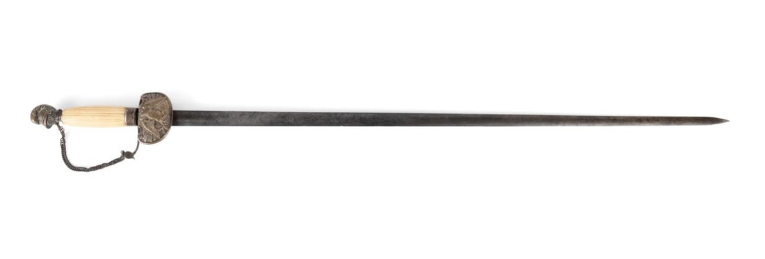 U.S MILITIA OFFICERS 1840-50'S BONE HANDLED SWORD: U.S.1840-1850's bone handled with a knights head pommel militia staff and officers 19th century sword, with eagle and rays cast chappe or rain guard, the blade is etched on both sides with patriotic s