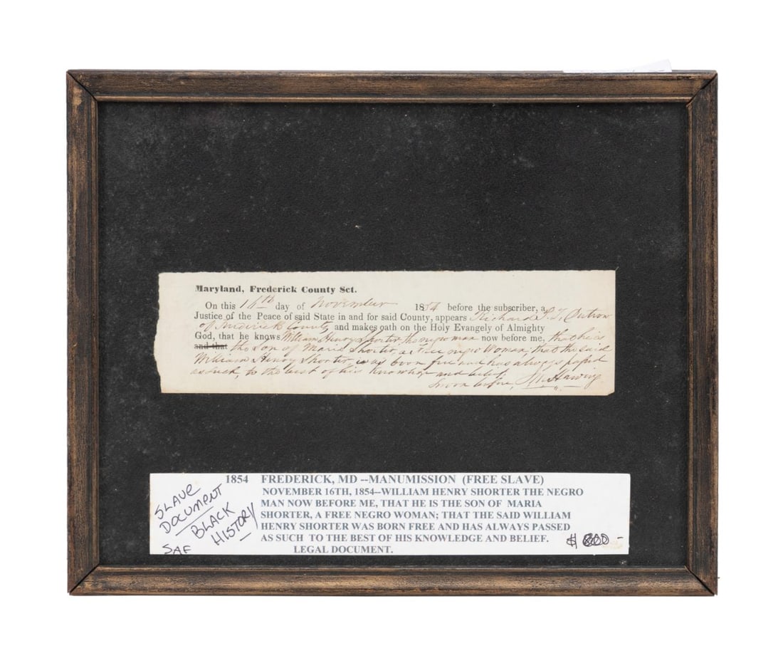 ANTEBELLUM FREEDOM PAPERS FROM MARYLAND 1854 (1 of 3)