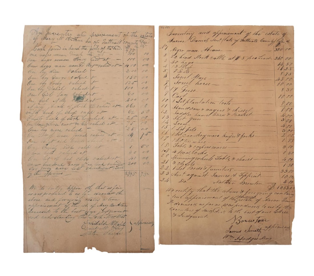 TWO ANTEBELLUM ESTATE APPRAISAL ENTRIES FOR SLAVES: Two Antebellum 19th century estate appraisals with entries for slaves, the first, an 1830 one page Tattnall County, Georgia item from the Estate of Aaron Daniels (1798-1873), with 24 entries, includin