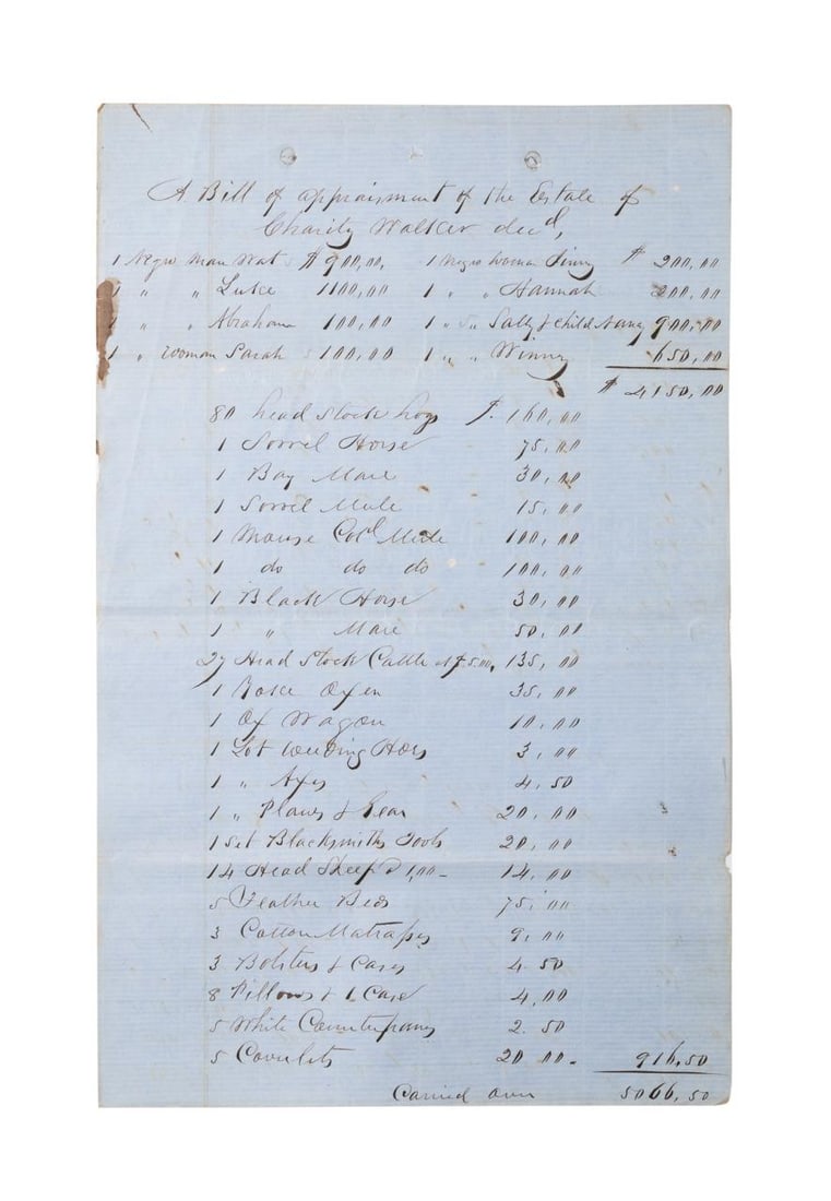 ANTEBELLUM BILL OF APPRAISMENT W/ SLAVES (1 of 3)