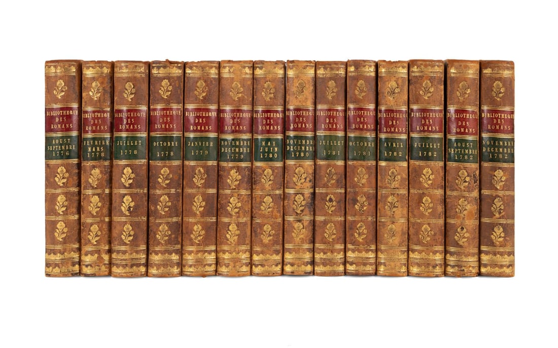 14VOL BIBLIOTHEQUE UNIVERSELLE IN LEATHER & GILT: Fourteen volume set of the 18th century 'Bibliotheque Universelle Des Romans', containing the following volumes: August-September 1776, February-March 1778, July 1778, October 1778, January 1779, Nove
